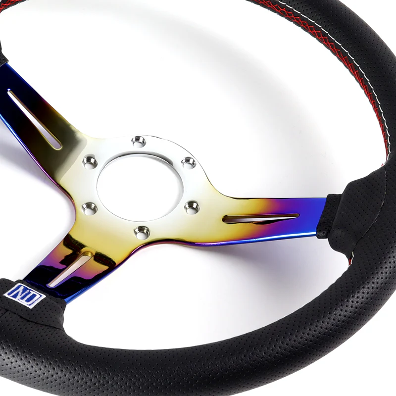 Nardi New Neo Burn 3 Spoke with Titanium 350MM/ 13.78" Black Leather with Red Stitching Steering Wheel with Nardi Logo Horn Button - Image 2