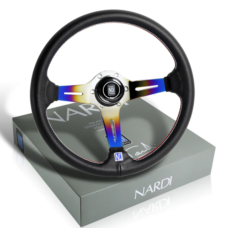 Nardi New Neo Burn 3 Spoke with Titanium 350MM/ 13.78" Black Leather with Red Stitching Steering Wheel with Nardi Logo Horn Button - Image 3