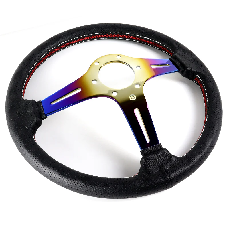 Nardi New Neo Burn 3 Spoke with Titanium 350MM/ 13.78" Black Leather with Red Stitching Steering Wheel with Nardi Logo Horn Button - Image 4