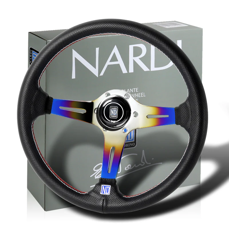 Nardi New Neo Burn 3 Spoke with Titanium 350MM/ 13.78" Black Leather with Red Stitching Steering Wheel with Nardi Logo Horn Button - Image 6
