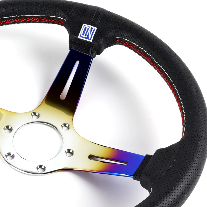 Nardi New Neo Burn 3 Spoke with Titanium 350MM/ 13.78" Black Leather with Red Stitching Steering Wheel with Nardi Logo Horn Button - Image 7