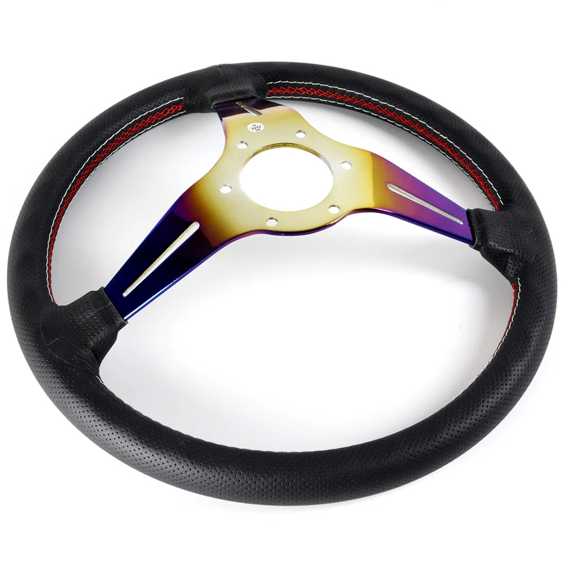 Nardi New Neo Burn Rainbow 3 Spoke 350MM/ 13.78" Black Leather with Red Stitching Steering Wheel with Nardi Logo Horn Button - Image 2