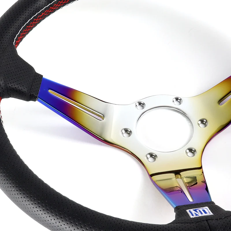 Nardi New Neo Burn Rainbow 3 Spoke 350MM/ 13.78" Black Leather with Red Stitching Steering Wheel with Nardi Logo Horn Button - Image 4