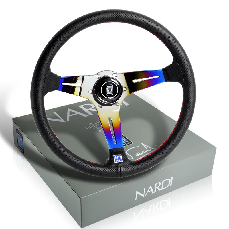 Nardi New Neo Burn Rainbow 3 Spoke 350MM/ 13.78" Black Leather with Red Stitching Steering Wheel with Nardi Logo Horn Button - Image 5