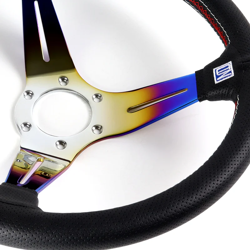 Nardi New Neo Burn Rainbow 3 Spoke 350MM/ 13.78" Black Leather with Red Stitching Steering Wheel with Nardi Logo Horn Button - Image 6