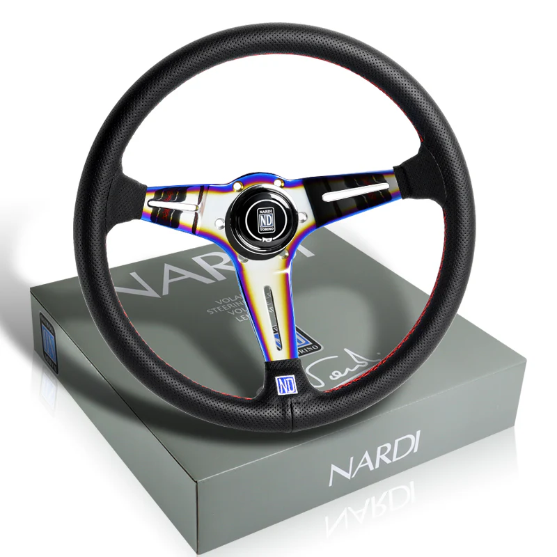 Nardi New Neo Chrome 3 Spoke 350MM/ 13.78" Black Leather with Red Stitching Steering Wheel with Nardi Logo Horn Button - Image 4