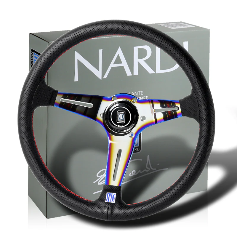 Nardi New Neo Chrome 3 Spoke 350MM/ 13.78" Black Leather with Red Stitching Steering Wheel with Nardi Logo Horn Button - Image 5