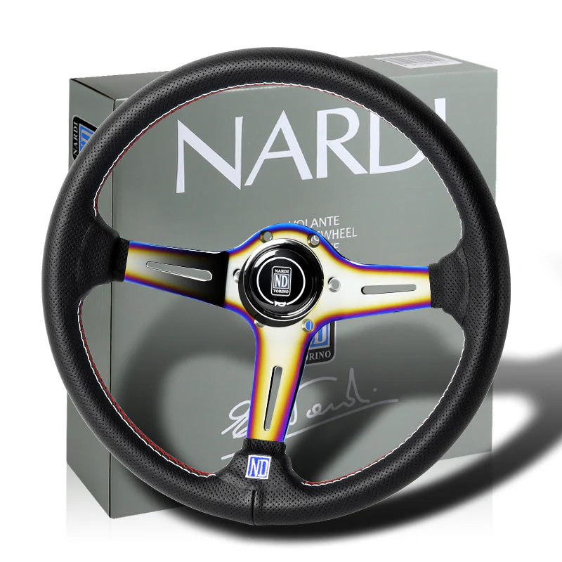 Nardi New Neo Chrome Spoke 350MM/ 13.78" Black Leather with Red Stitching Steering Wheel with Nardi Logo Horn Button - Image 4
