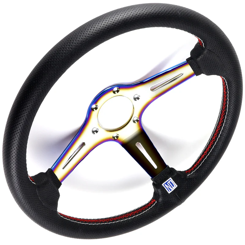 Nardi New Neo Chrome Spoke 350MM/ 13.78" Black Leather with Red Stitching Steering Wheel with Nardi Logo Horn Button - Image 5