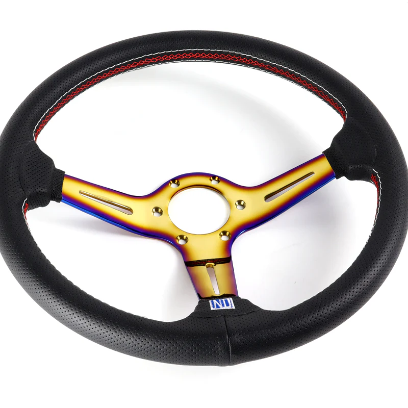 Nardi New Neo Gold 3 Spoke with Titanium 350MM/ 13.78" Black Leather with Red Stitching Steering Wheel with Nardi Logo Horn Button - Image 2