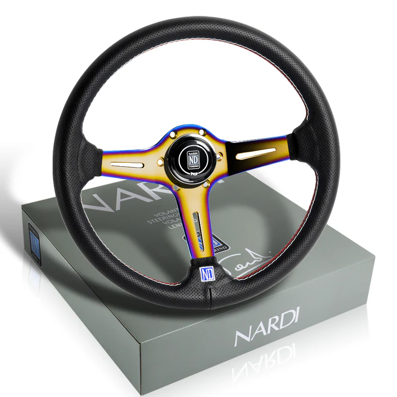 Nardi New Neo Gold 3 Spoke with Titanium 350MM/ 13.78" Black Leather with Red Stitching Steering Wheel with Nardi Logo Horn Button - Image 4