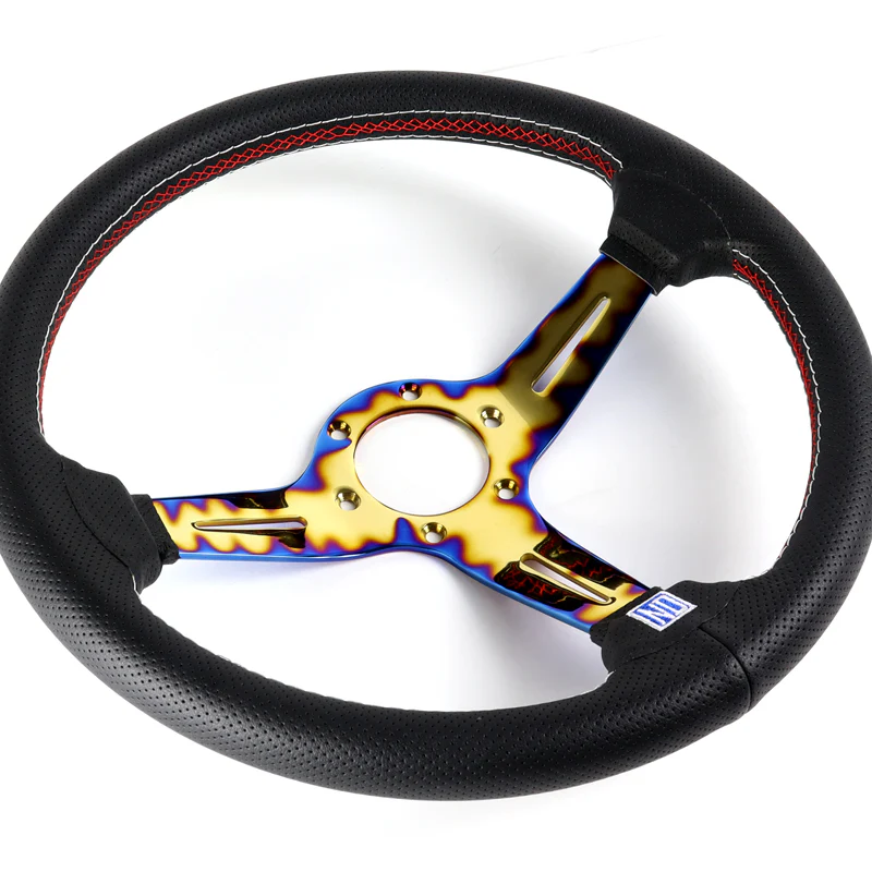 Nardi New Neo Gold Blue 3 Spoke 350MM/ 13.78" Black Leather with Red Stitching Steering Wheel with Nardi Logo Horn Button - Image 2