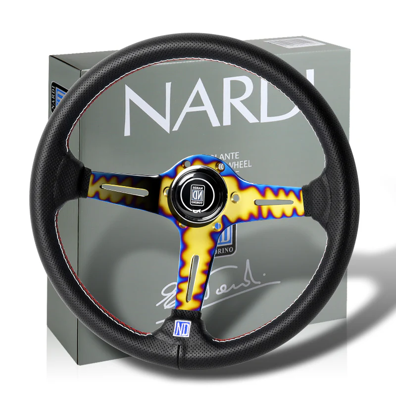 Nardi New Neo Gold Blue 3 Spoke 350MM/ 13.78" Black Leather with Red Stitching Steering Wheel with Nardi Logo Horn Button - Image 3