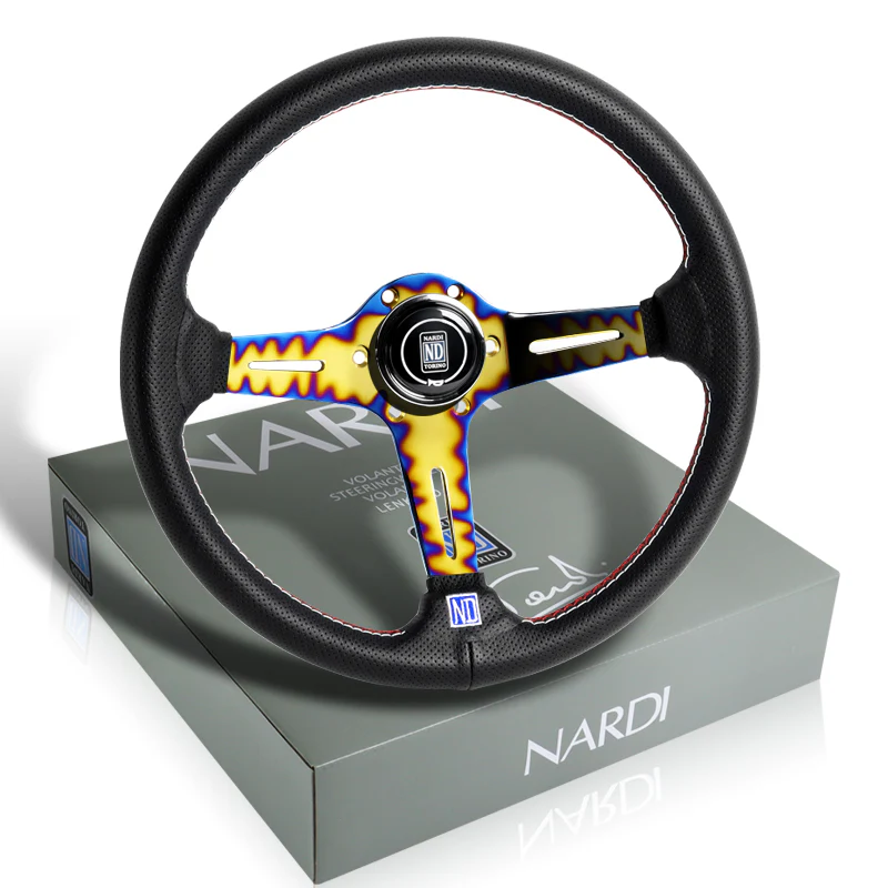 Nardi New Neo Gold Blue 3 Spoke 350MM/ 13.78" Black Leather with Red Stitching Steering Wheel with Nardi Logo Horn Button - Image 6