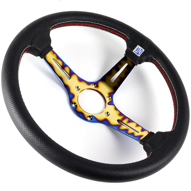 Nardi New Neo Gold Blue 3 Spoke 350MM/ 13.78" Black Leather with Red Stitching Steering Wheel with Nardi Logo Horn Button - Image 7