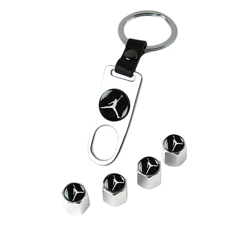 NBA Jordan Jumpman Logo Universal Car SUV Wheel Tire Valves Dust Stem Air Caps Keychain Emblem Silver Set - Image 2
