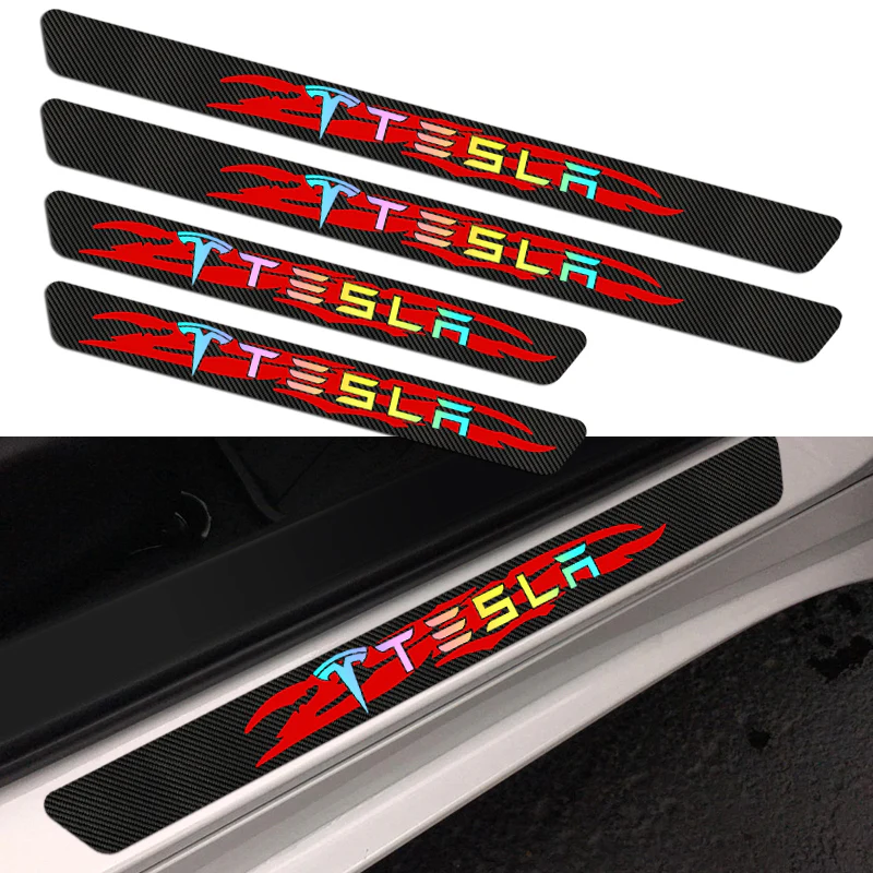 NEW 4PCS Set 5D Carbon Fiber Texture Car Door Scuff Sill Cover Panel Step Protector For TESLA - Image 3
