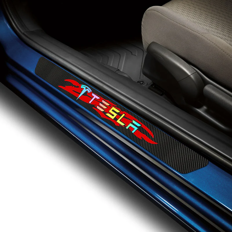 NEW 4PCS Set 5D Carbon Fiber Texture Car Door Scuff Sill Cover Panel Step Protector For TESLA - Image 4