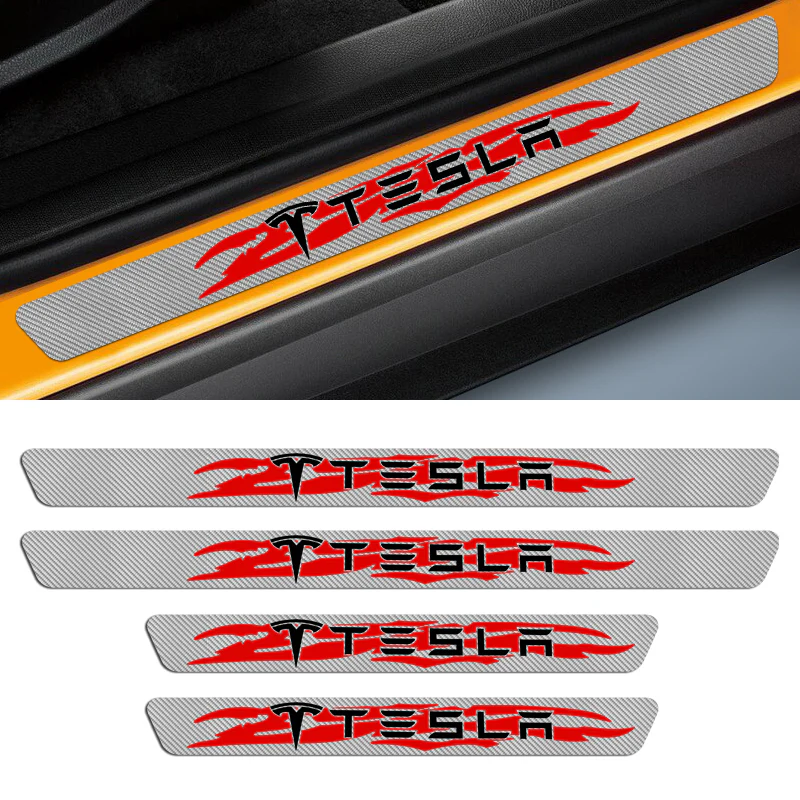 NEW 4PCS Set For TESLA 5D Carbon Fiber Texture Car Door Scuff Sill Cover Panel Step Protector - Image 3
