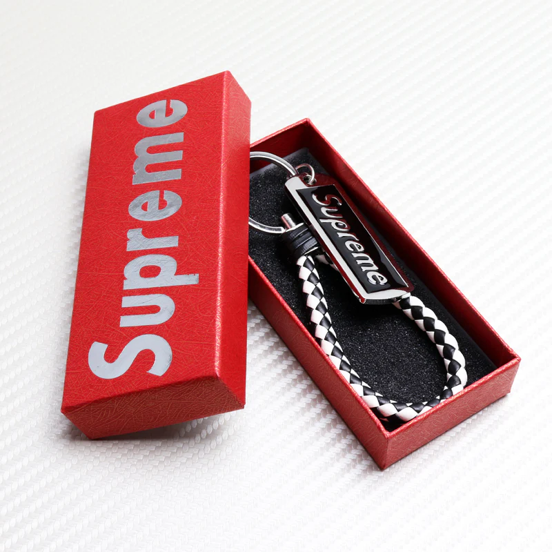 NEW Black & White Supreme3M Metal Pendant Tag with Calf Leather Keychain Key Ring 1PCS - Image 3