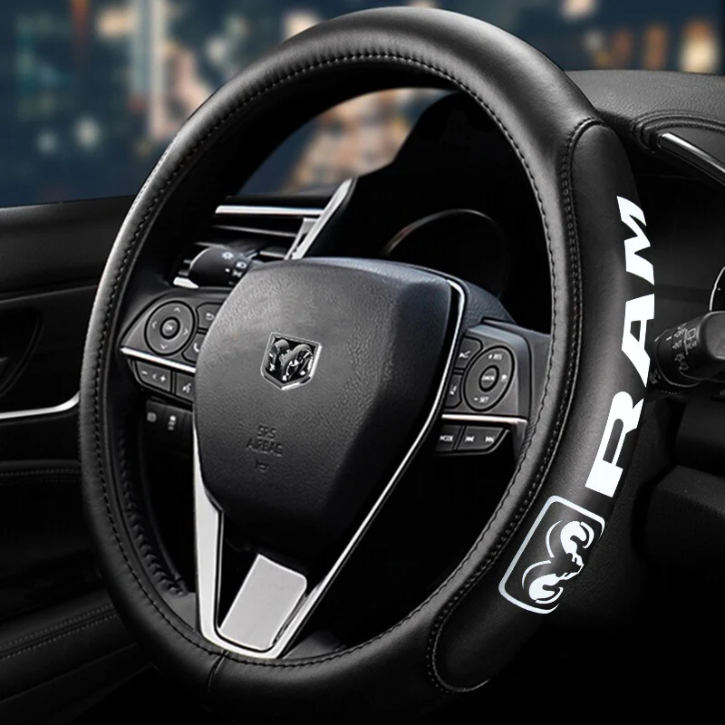 NEW DODGE RAM Set Black 15" Diameter Car Auto Steering Wheel Cover Quality Leather with Center Console Armrest Cushion Mat Pad Cover - Image 9