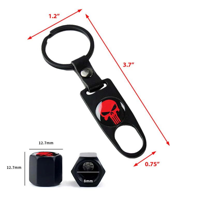 New Punisher Skull Car Wheel Tire Valves Dust Stem Air Caps Keychain Emblem Black Set - Image 3