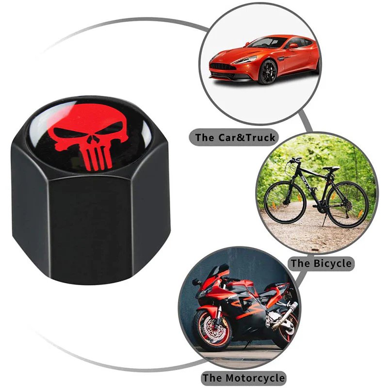 New Punisher Skull Car Wheel Tire Valves Dust Stem Air Caps Keychain Emblem Black Set - Image 4