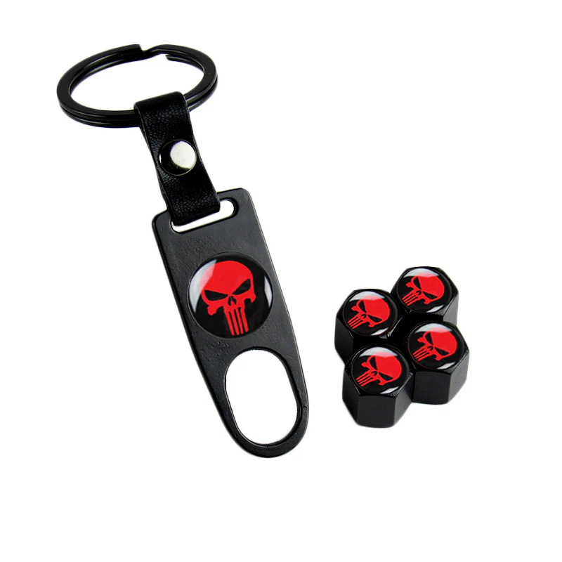 New Punisher Skull Car Wheel Tire Valves Dust Stem Air Caps Keychain Emblem Black Set - Image 5