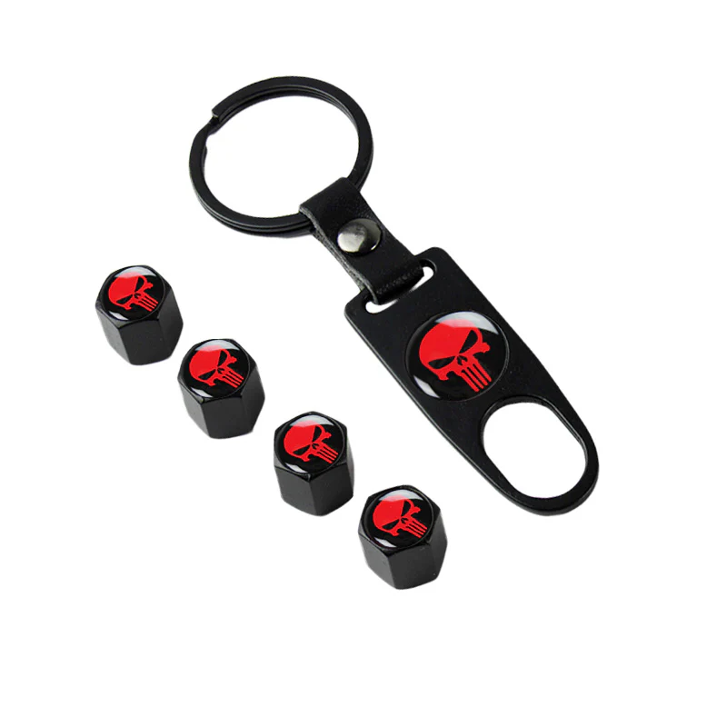 New Punisher Skull Car Wheel Tire Valves Dust Stem Air Caps Keychain Emblem Black Set - Image 6