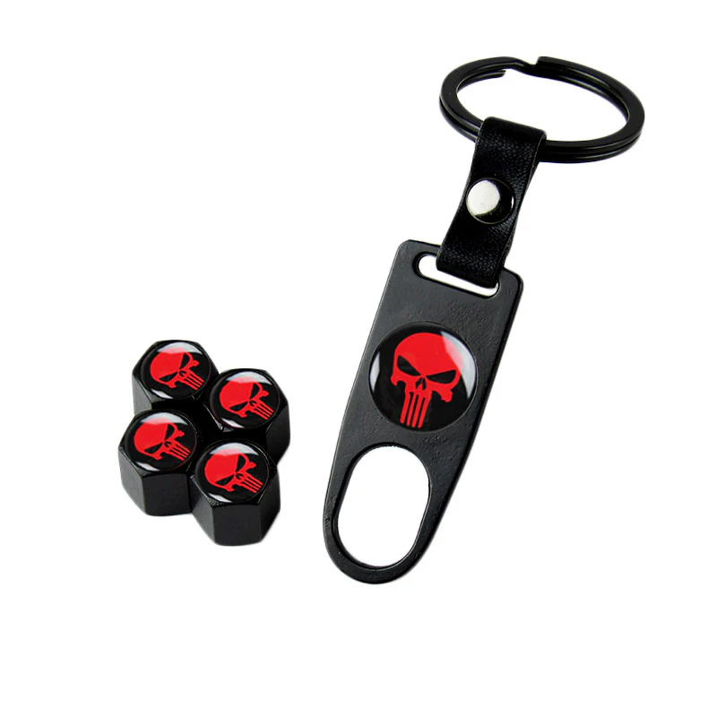 New Punisher Skull Car Wheel Tire Valves Dust Stem Air Caps Keychain Emblem Black Set - Image 7