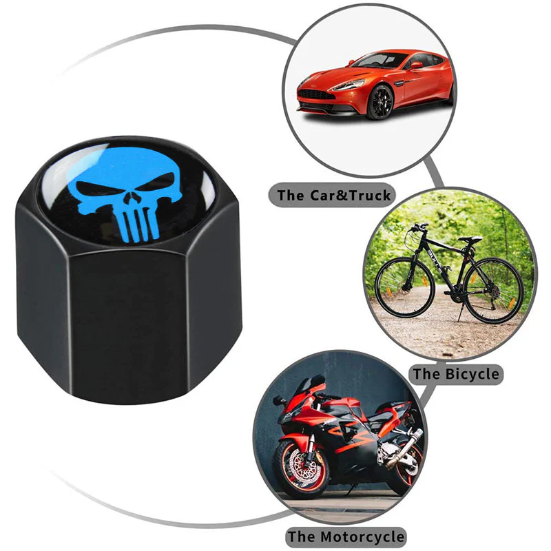 New Punisher Skull Car Wheel Tire Valves Dust Stem Air Caps Keychain Emblem Set - Image 4