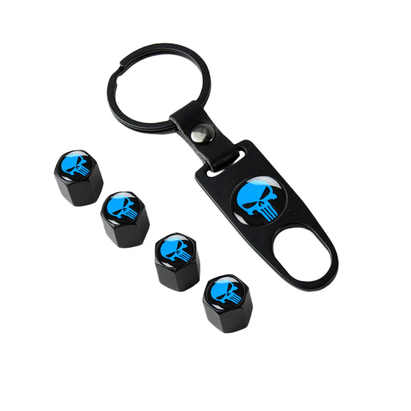 New Punisher Skull Car Wheel Tire Valves Dust Stem Air Caps Keychain Emblem Set - Image 5