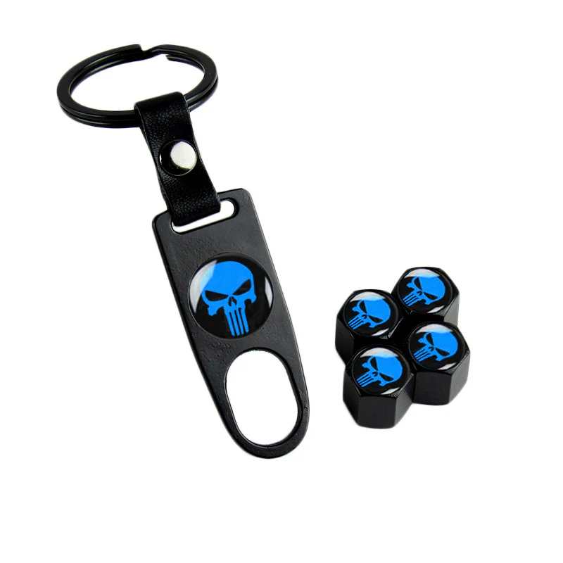 New Punisher Skull Car Wheel Tire Valves Dust Stem Air Caps Keychain Emblem Set - Image 6