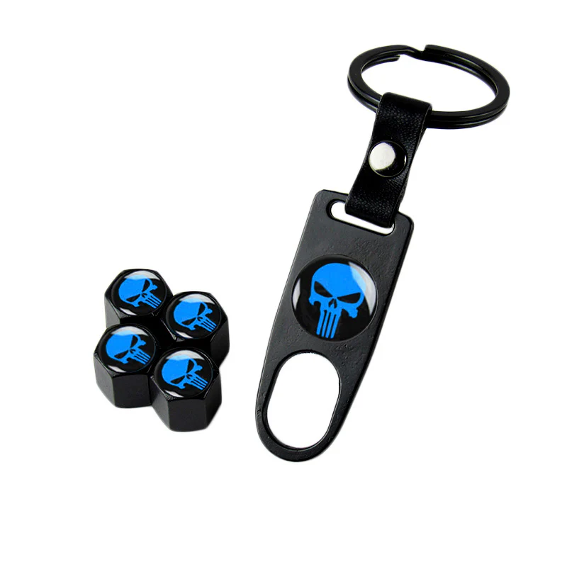 New Punisher Skull Car Wheel Tire Valves Dust Stem Air Caps Keychain Emblem Set - Image 7