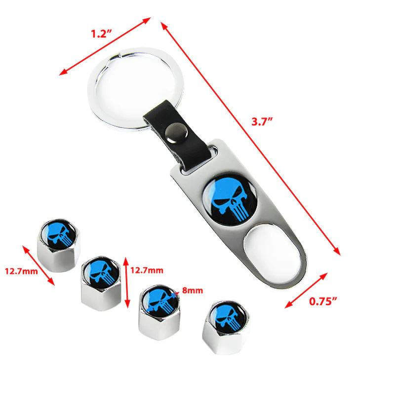 New Punisher Skull Car Wheel Tire Valves Dust Stem Air Caps Keychain Emblem Silver Set - Image 3