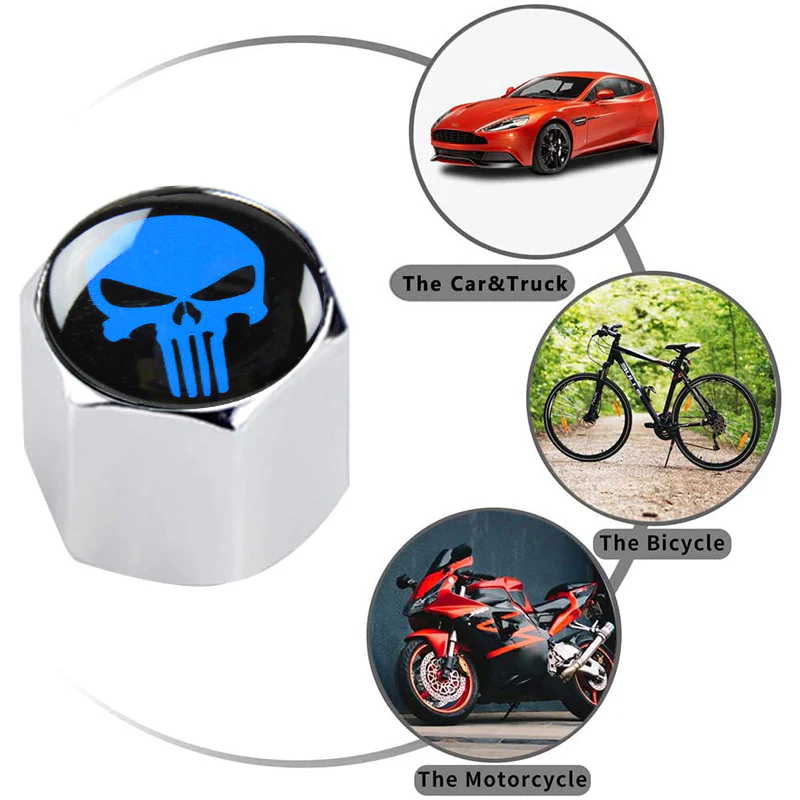 New Punisher Skull Car Wheel Tire Valves Dust Stem Air Caps Keychain Emblem Silver Set - Image 4
