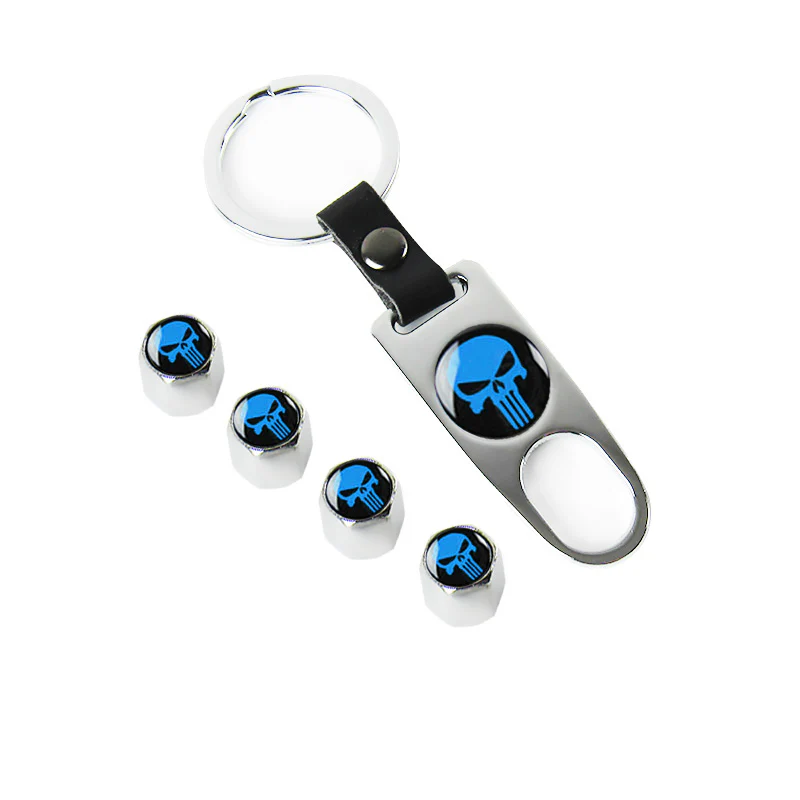 New Punisher Skull Car Wheel Tire Valves Dust Stem Air Caps Keychain Emblem Silver Set - Image 5