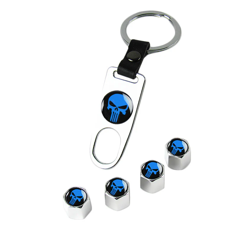 New Punisher Skull Car Wheel Tire Valves Dust Stem Air Caps Keychain Emblem Silver Set - Image 6