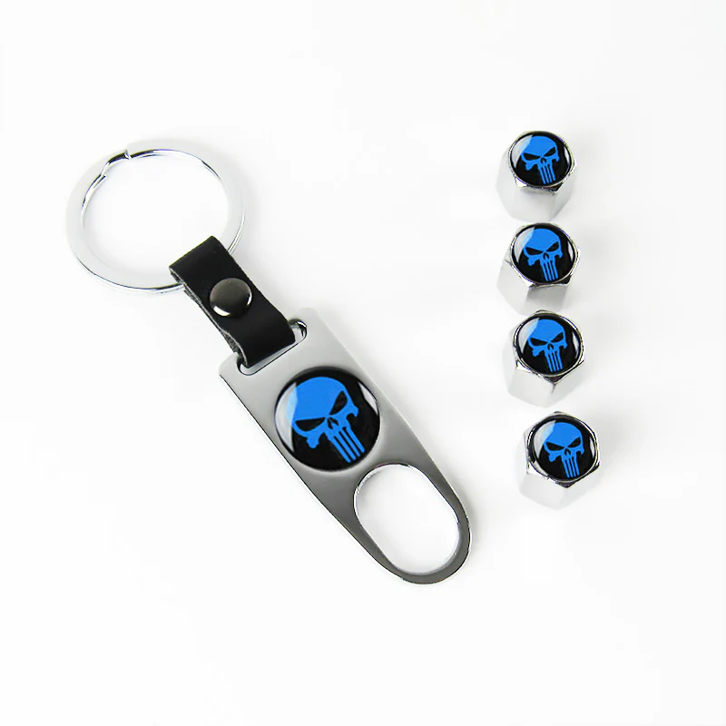 New Punisher Skull Car Wheel Tire Valves Dust Stem Air Caps Keychain Emblem Silver Set - Image 7