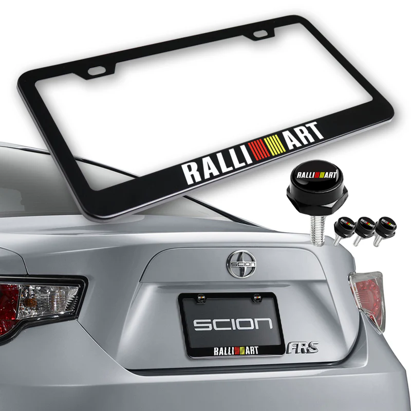 New Ralliart 2 pcs Black Stainless Steel License Plate Frame with Caps Bolt Screw Set - Image 6