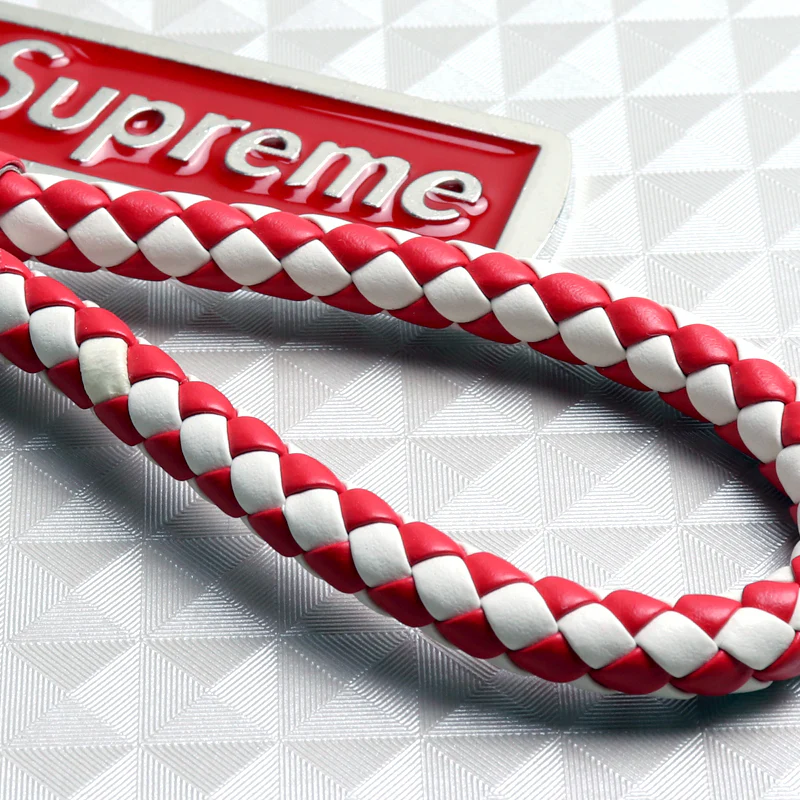 NEW Red & White Supreme3M Metal Pendant Tag with Calf Leather Keychain Key Ring 1PCS - Image 2