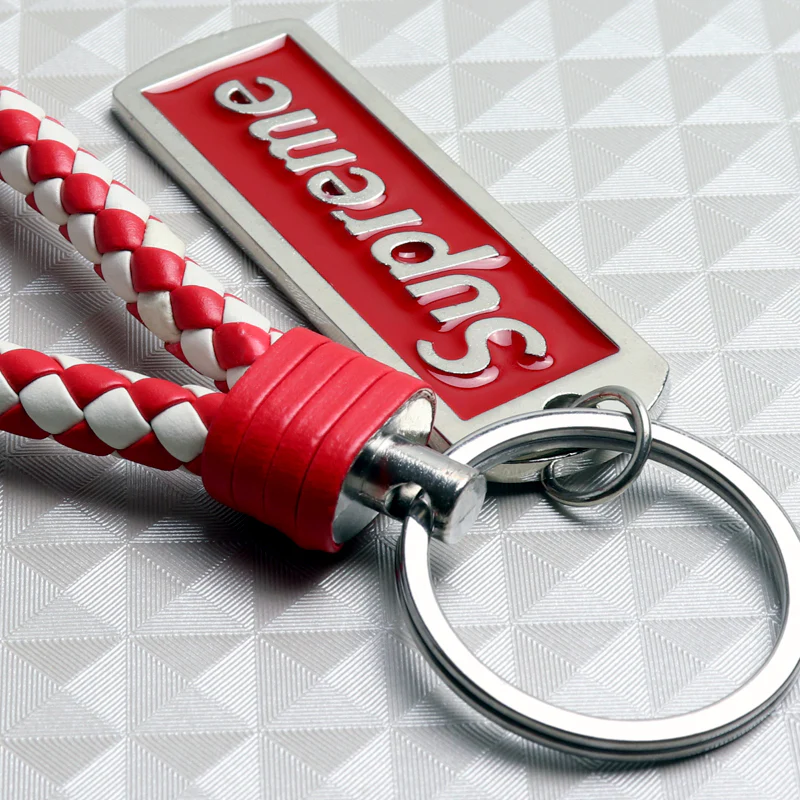 NEW Red & White Supreme3M Metal Pendant Tag with Calf Leather Keychain Key Ring 1PCS - Image 4