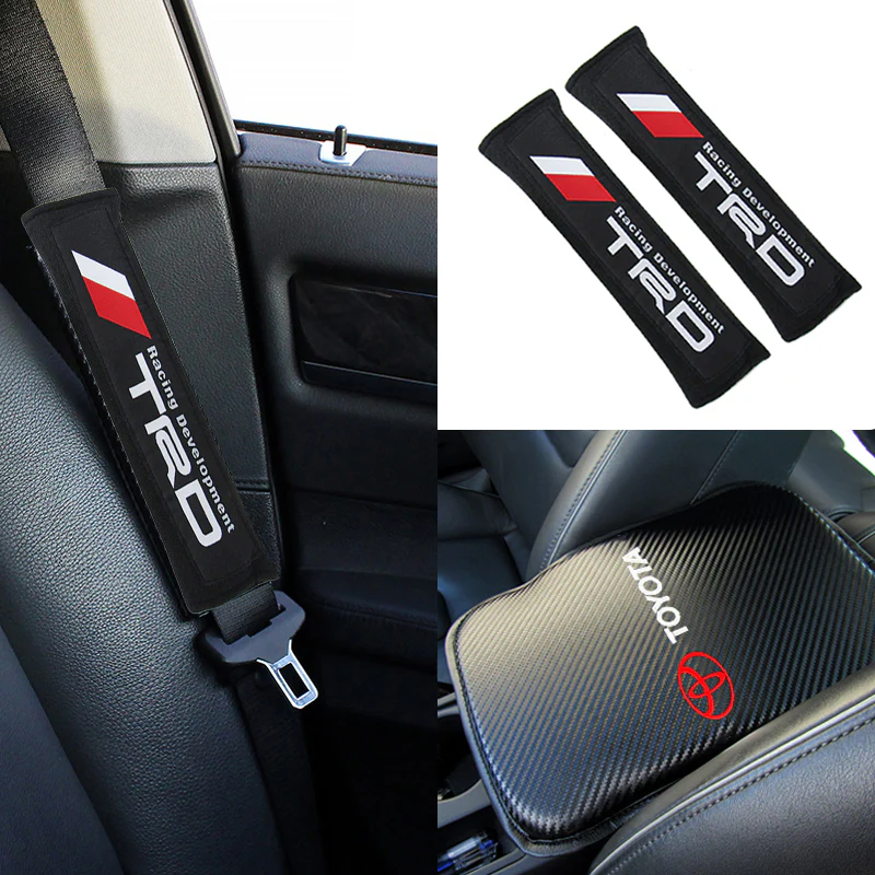 Toyota TRD New Set of Carbon Fiber Look Embroidered Armrest Cushion & Soft Touch Cotton Material Seat Belt Covers - Image 6