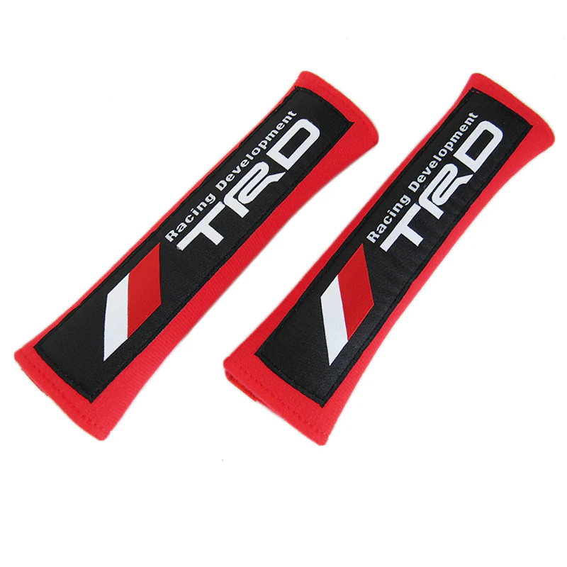 New Set of Toyota TRD Carbon Fiber Look Embroidered Armrest Cushion & Soft Touch Cotton Material Seat Belt Covers - Image 2