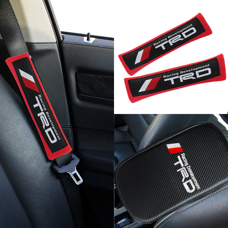 New Set of Toyota TRD Carbon Fiber Look Embroidered Armrest Cushion & Soft Touch Cotton Material Seat Belt Covers - Image 4