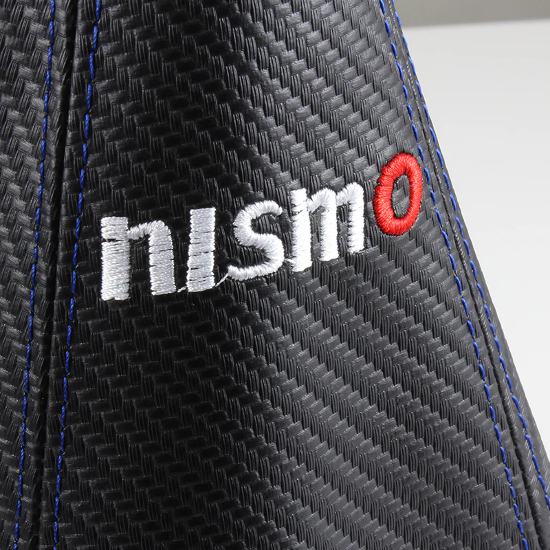 Nissan Nismo Blue Stitched Black Carbon Fiber Look Shifter Boot Cover - Image 3