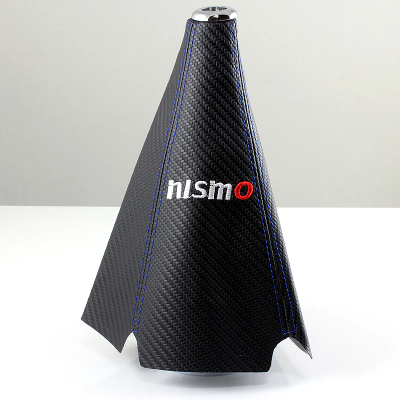 Nissan Nismo Blue Stitched Black Carbon Fiber Look Shifter Boot Cover - Image 5