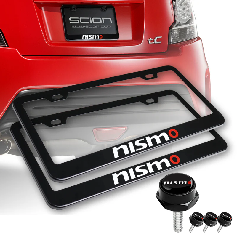 Nissan Nismo 2 pcs Black Stainless Steel License Plate Frame with Caps Bolt Screw Set - Image 4