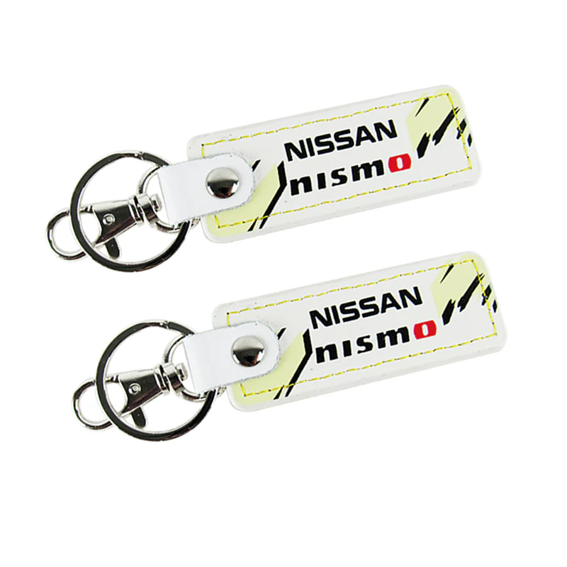 NISSAN NISMO JDM 2 pc White Leather Rectangle Key Fob Keyring Keychain Tag Lanyard Holder Clip New - Image 6