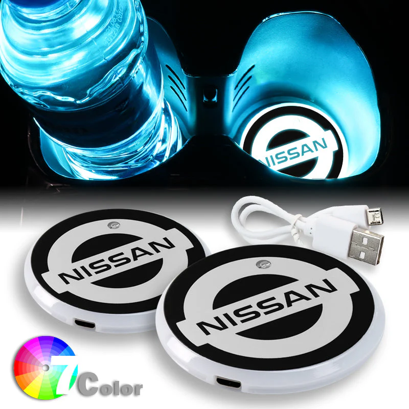 NISSAN Set 7 Color LED Cup Holder Car Button Mat Atmosphere Light 2PCS with Lanyard Key Chain - Image 2
